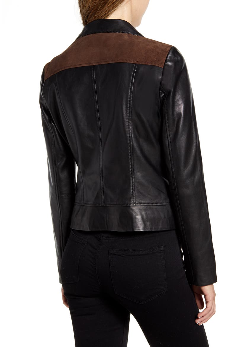 Mixed Media Leather Moto Jacket, Alternate, color, BLACK