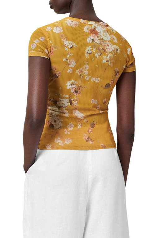 Allsaints Womens Ellie Round-neck Floral-print Stretch-mesh T-shirt Armada Deep Ye In Yellow