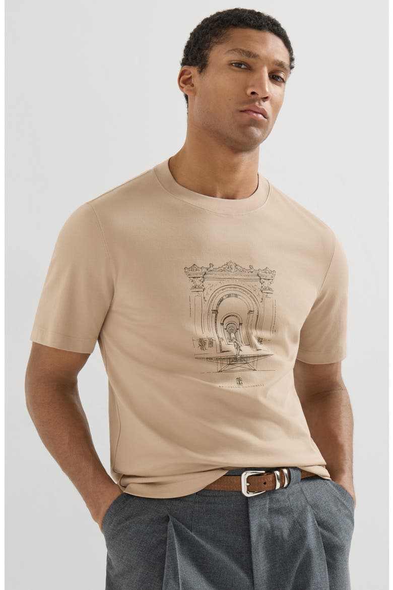 Cotton interlock crew neck T-shirt with print, Alternate, color, Beige