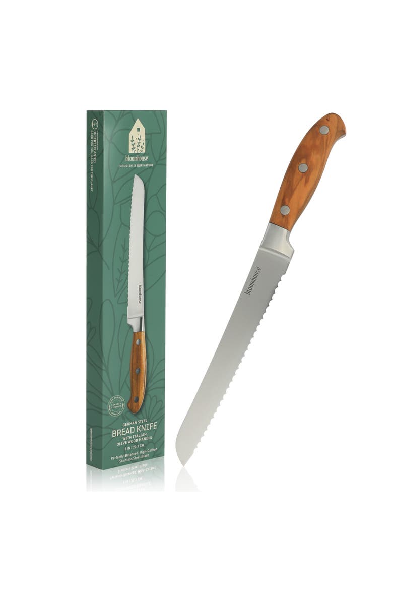 German Steel Bread Knife W/ Italian Olive Wood Forged Handle, Alternate, color, Natural Wood