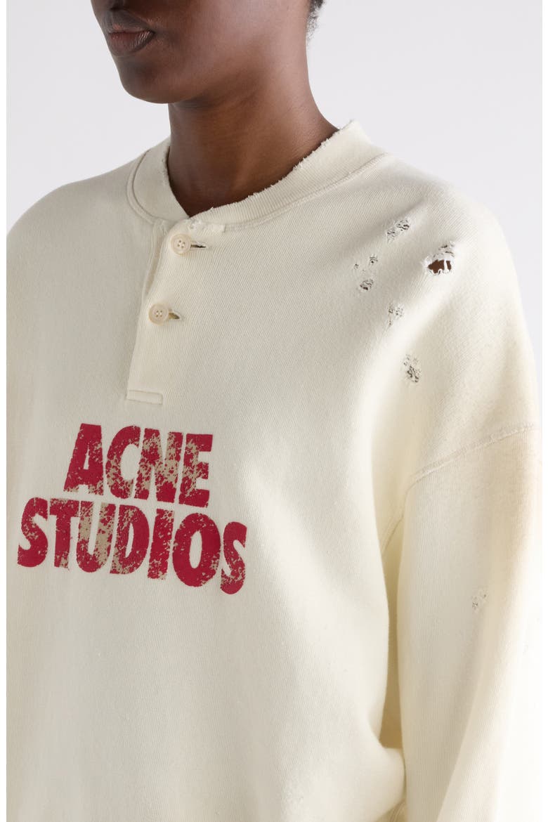 Logo Distressed Cotton Fleece Henley Sweatshirt, Alternate, color, OFF WHITE