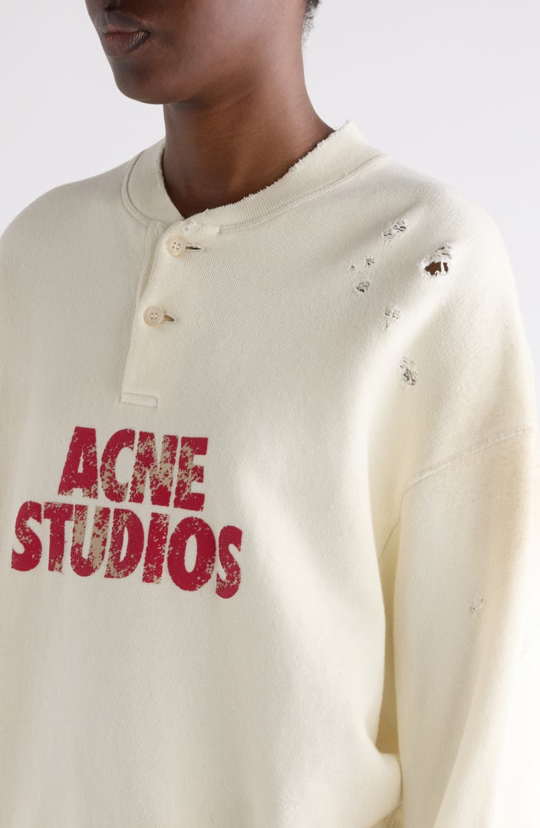 Acne Studios Logo Distressed Cotton Fleece Henley Sweatshirt, Alternate, color, Off White