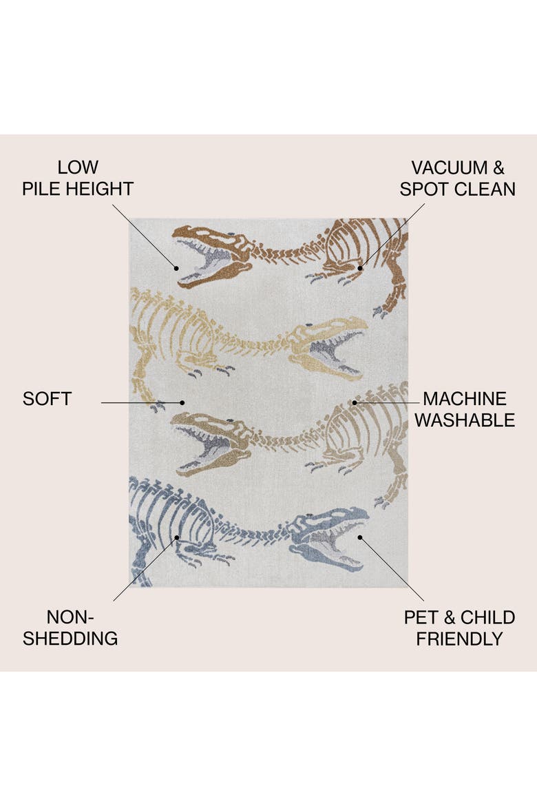 Kingdarr T-Rex Modern Kids Machine-Washable Area Rug, Alternate, color, Cream/Multi