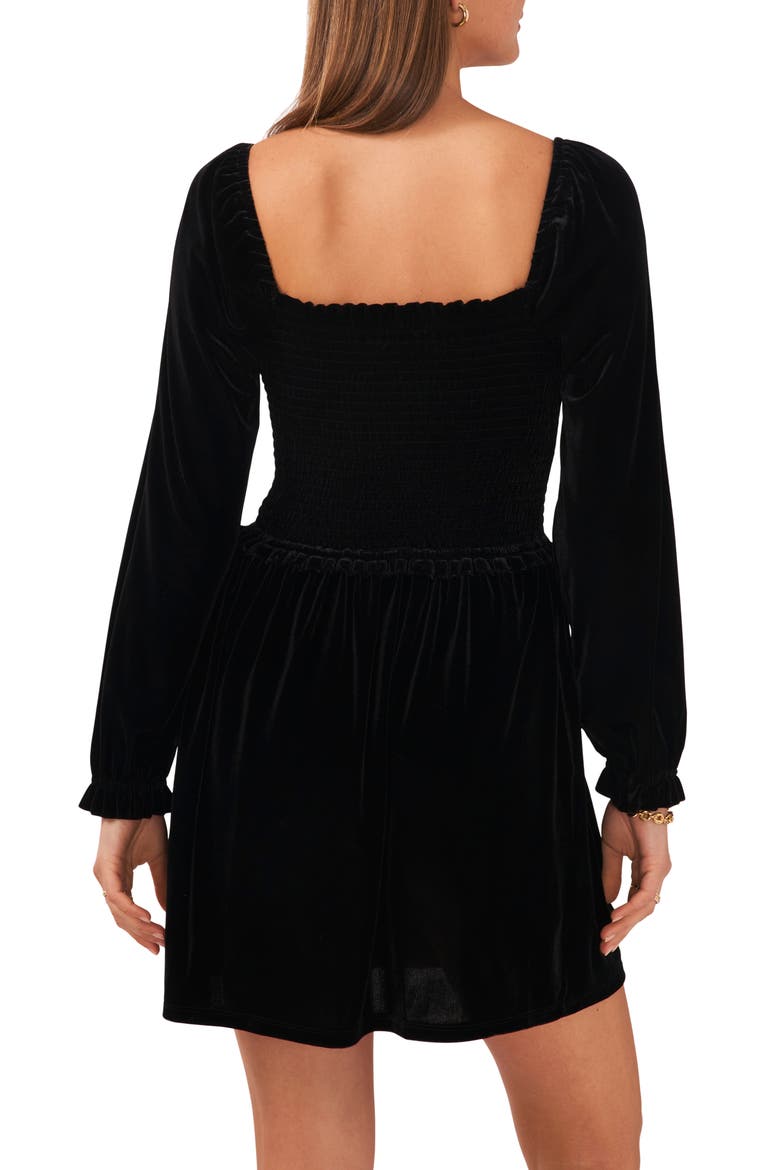 Smocked Bodice Long Sleeve Velvet Dress, Alternate, color, RICH BLACK