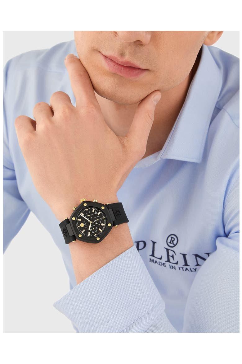 The Hexagon Chronograph Silicone Strap Watch, 42mm, Alternate, color, IP BLACK