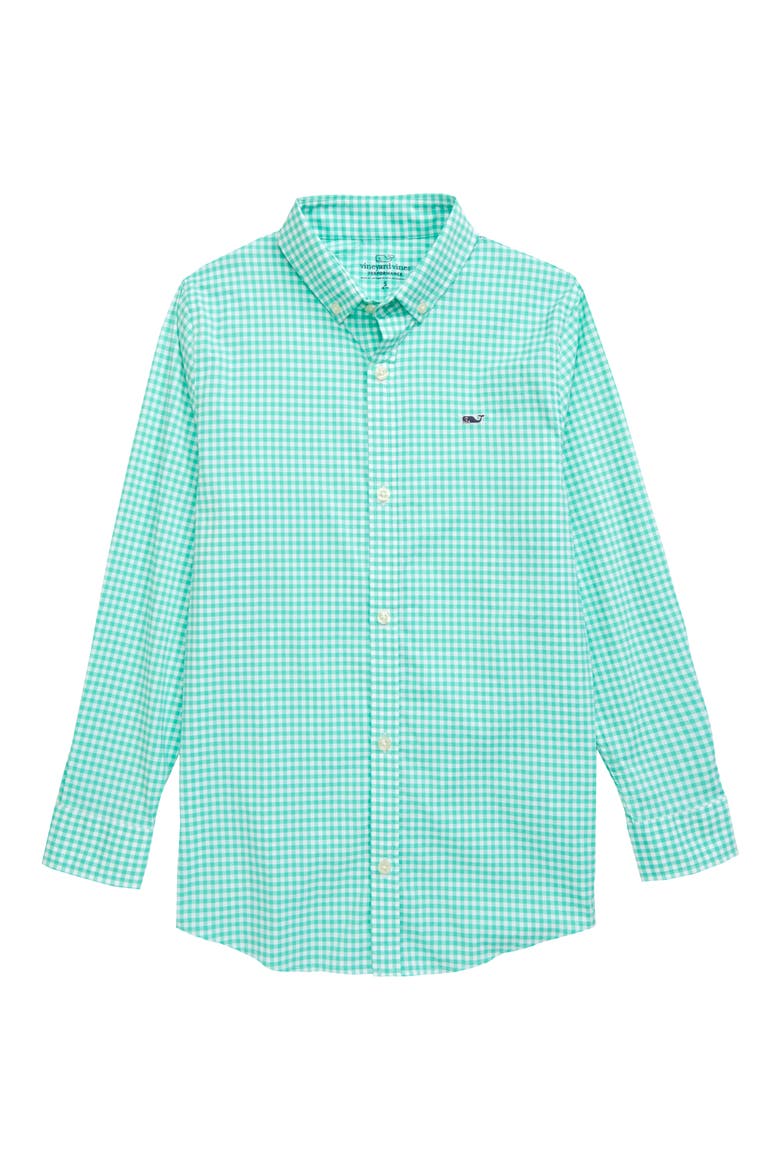 Kids' Gingham Performance Whale Button-Down Shirt, Main, color, ANTIGUA GREEN