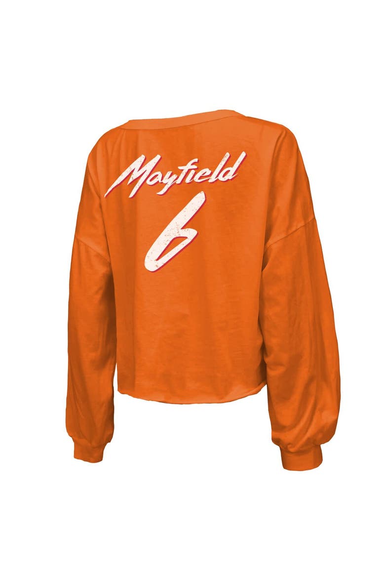 Women's Majestic Threads Baker Mayfield Orange Tampa Bay Buccaneers Off-Shoulder Script Name & Number V-Neck T-Shirt, Alternate, color, Orange
