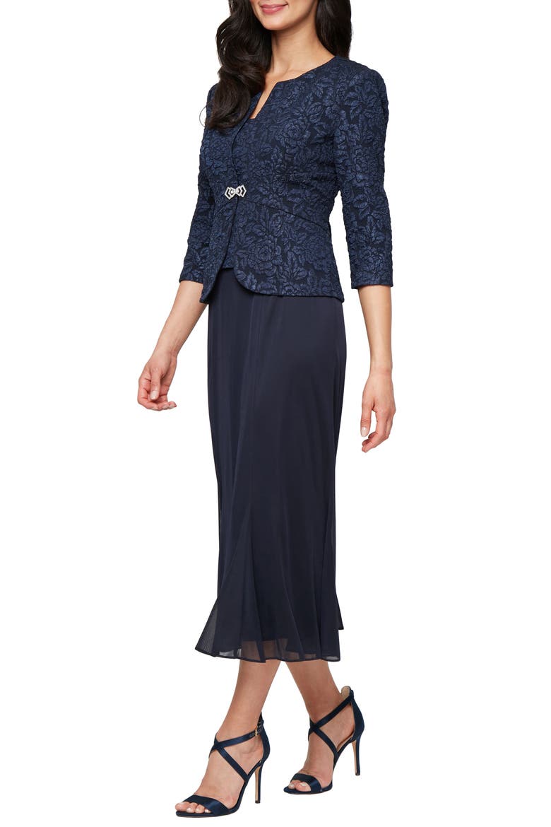 Jacquard Cocktail Dress with Jacket, Main, color, NAVY