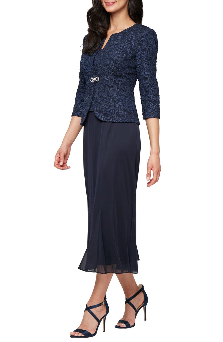 Alex Evenings Jacquard Cocktail Dress with Jacket, Main, color, Navy