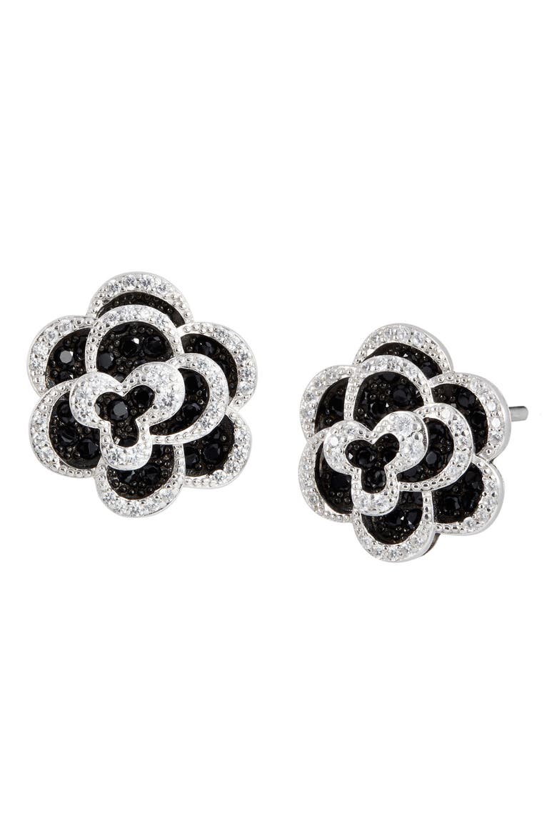 Platinum Plated Sterling Silver CZ Flower Stud Earrings, Main, color, BLACK