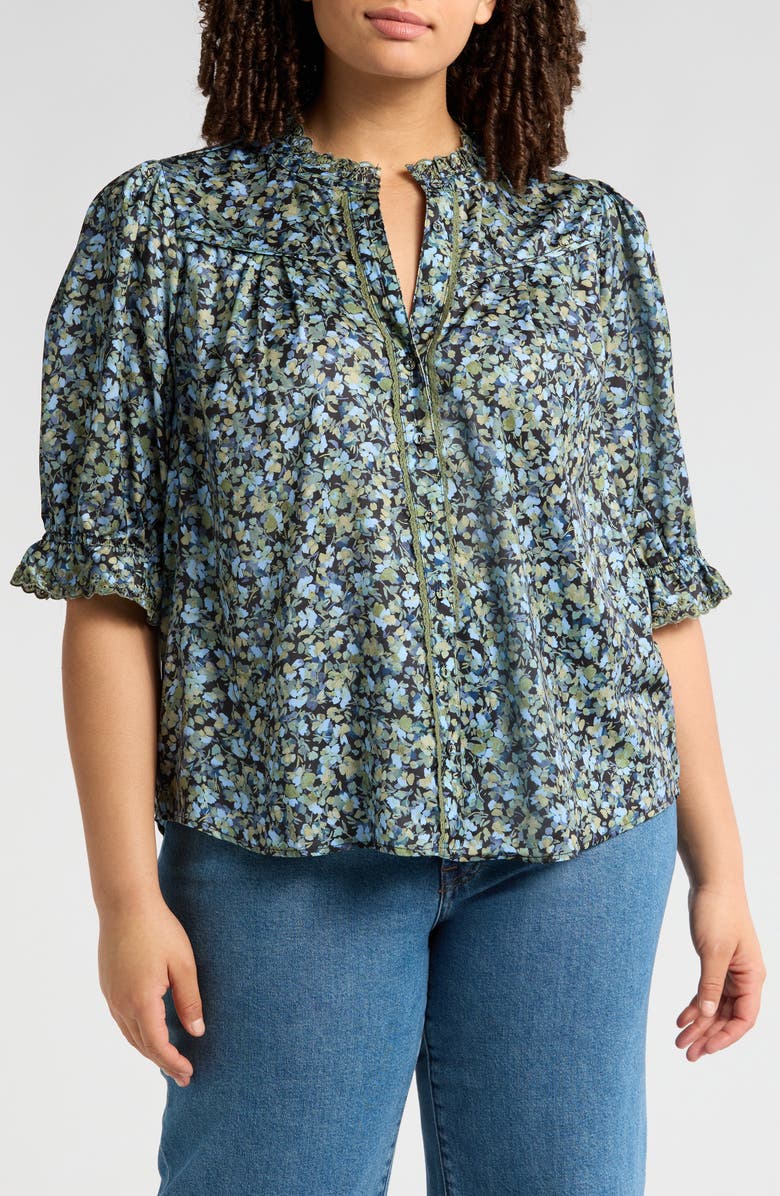 Wit & Wisdom Ruffle Lace Floral Print Top, Main, color, Black/ Deep Seagrass Multi