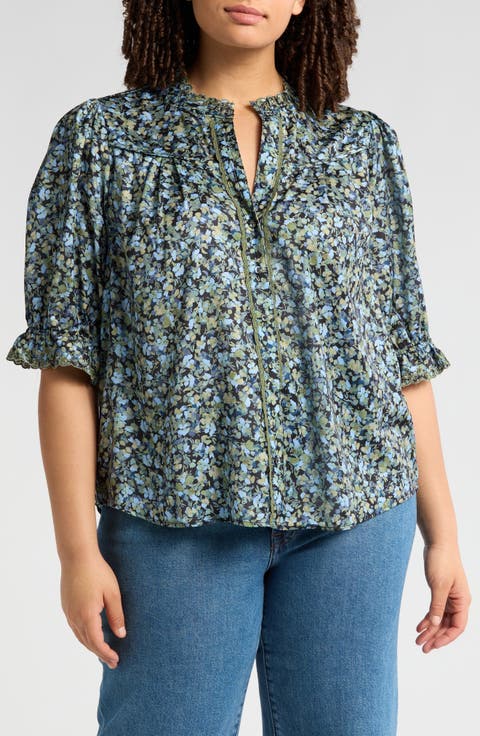 Ruffle Lace Floral Print Top (Plus)