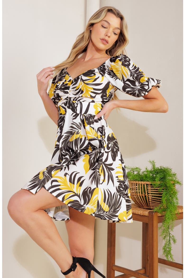 Leaf Print Puff Sleeve Fit & Flare Dress, Alternate, color, IVORY BLACK
