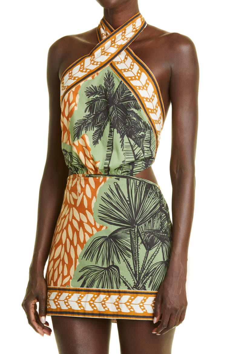 Reminders of Paradise Tropical Print Cutout Cotton Minidress, Alternate, color, TOILE CHOCOLATE/ GREENERY
