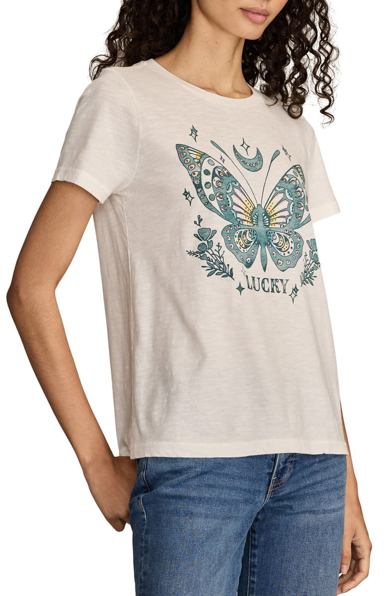 Lucky Brand Tattoo Beaded Butterfly Classic Cotton Crewneck T-Shirt, Alternate, color, Gardenia
