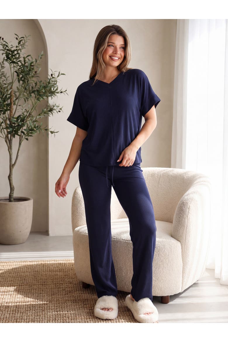 Womens Basic Ribbed Knit Dolman Sleeve V-Neck Top and Drawstring Wide Leg Pant Set, Alternate, color, Smoke