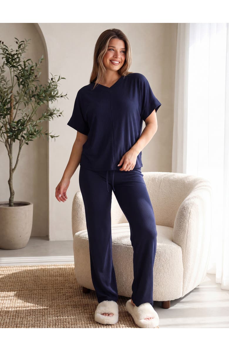 24seven Comfort Apparel Womens Basic Ribbed Knit Dolman Sleeve V-Neck Top and Drawstring Wide Leg Pant Set, Alternate, color, Black