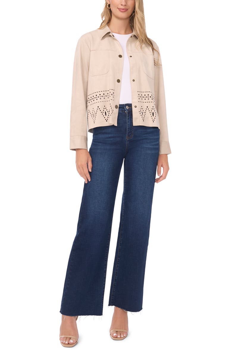 Vince Camuto Eyelet Cutout Hem Faux Suede Jacket, Alternate, color, Beige