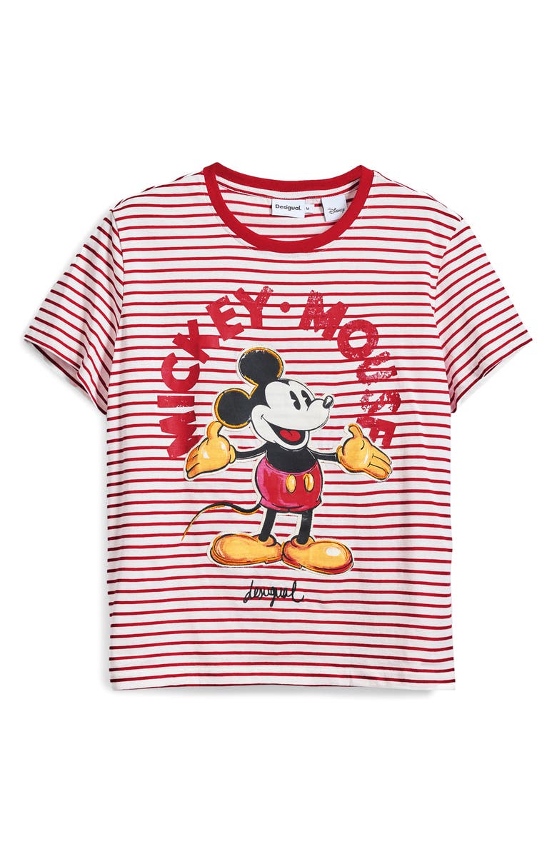 Desigual Mickey Mouse Striped Ringer Graphic T-Shirt, Alternate, color, Red