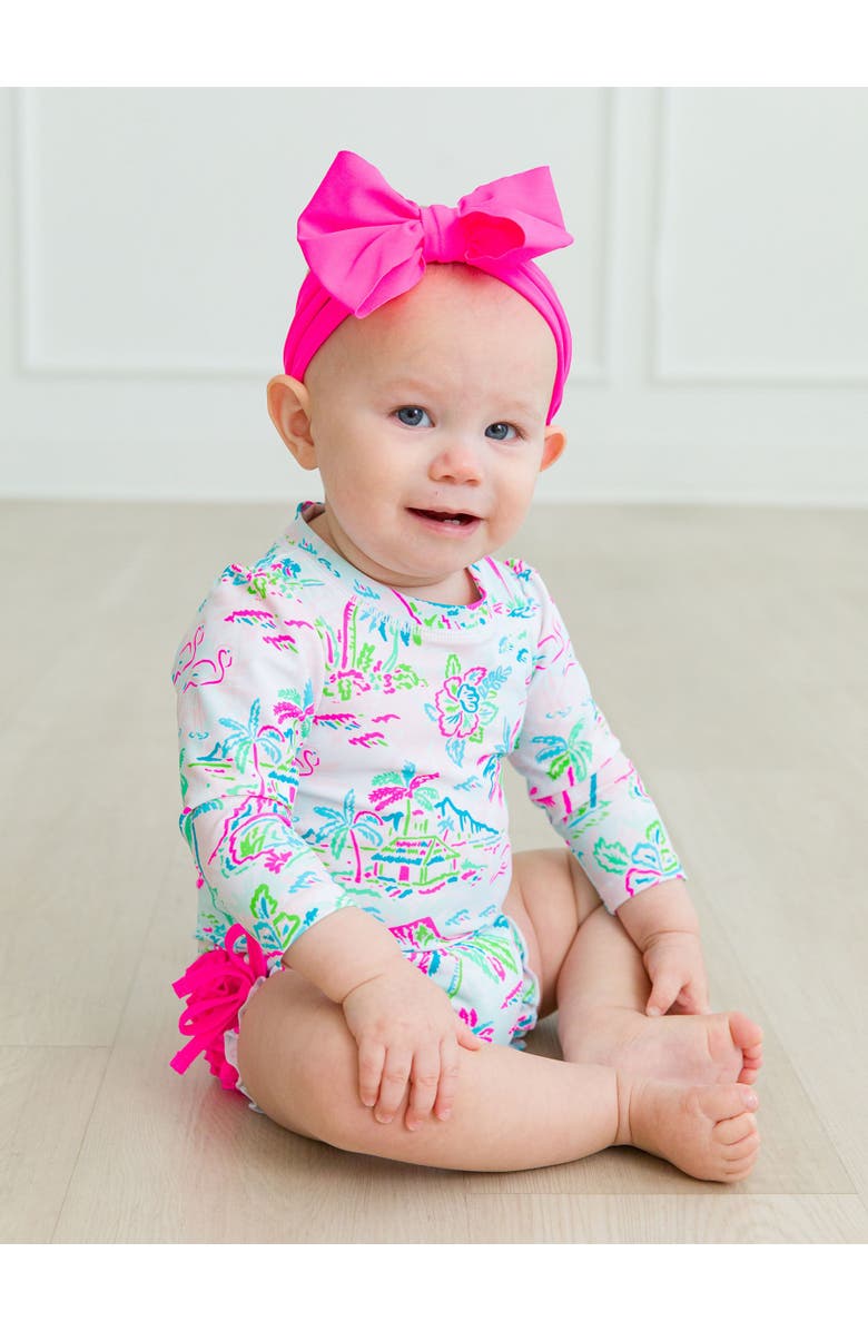 RuffleButts Toddler Girls Long Sleeve UPF50+ One Piece Rash Guard, Alternate, color, Tropical Resort