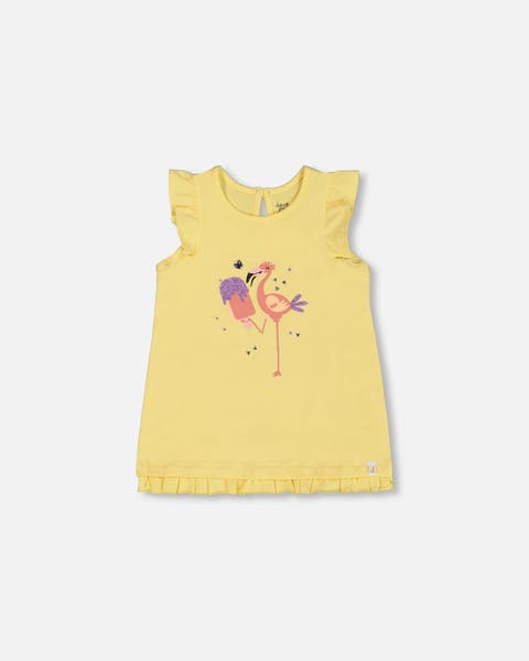 Girl's Organic Cotton Tunic With Frill And Print Yellow And Flamingo