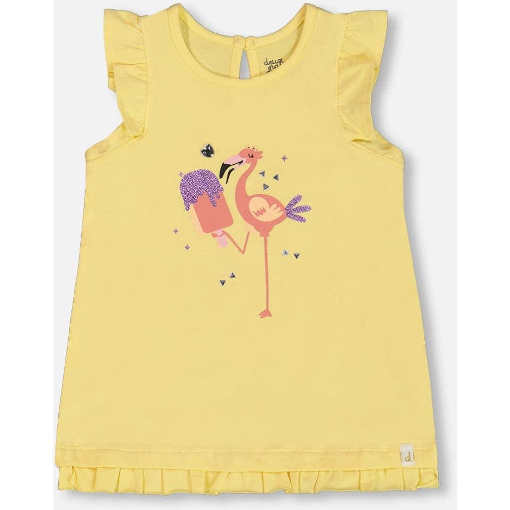 Deux Par Deux Little Girl's Organic Cotton Tunic With Frill And Print Yellow And Flamingo In Yellow And Flamingo