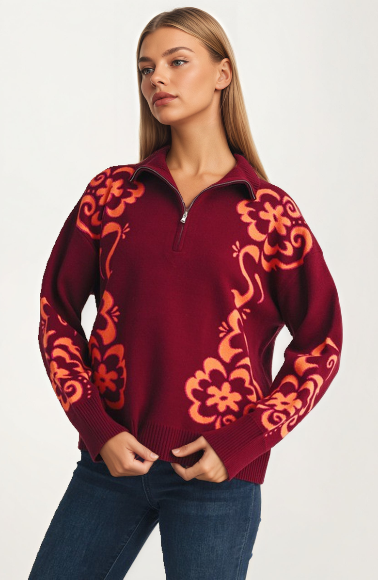 Knit and Lounge Floral Quarter-Zip Sweater, Main, color, Burgundy Floral