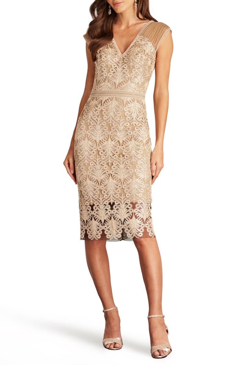 Tadashi Shoji Sequin Corded Lace Cocktail Sheath Dress, Main, color, Ginseng