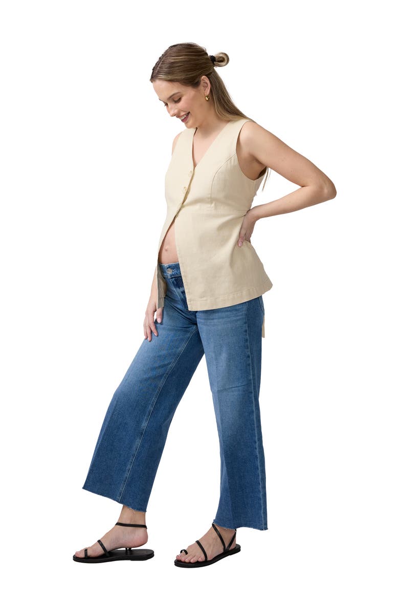 Sleeveless V-Neck Linen Maternity Vest, Alternate, color, Oat
