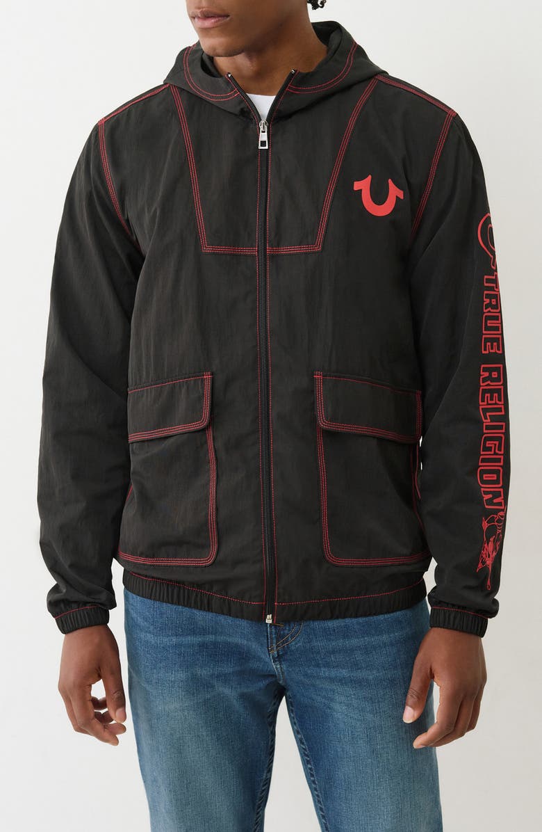 True Religion Triple Needle Contrast Hoodie, Main, color, Jet Black