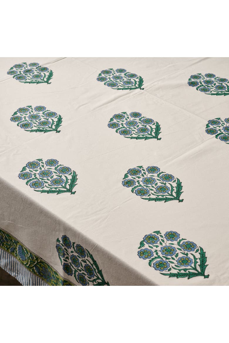 Devika Floral + Stripe Block Print Tablecloth, Alternate, color, Ivory