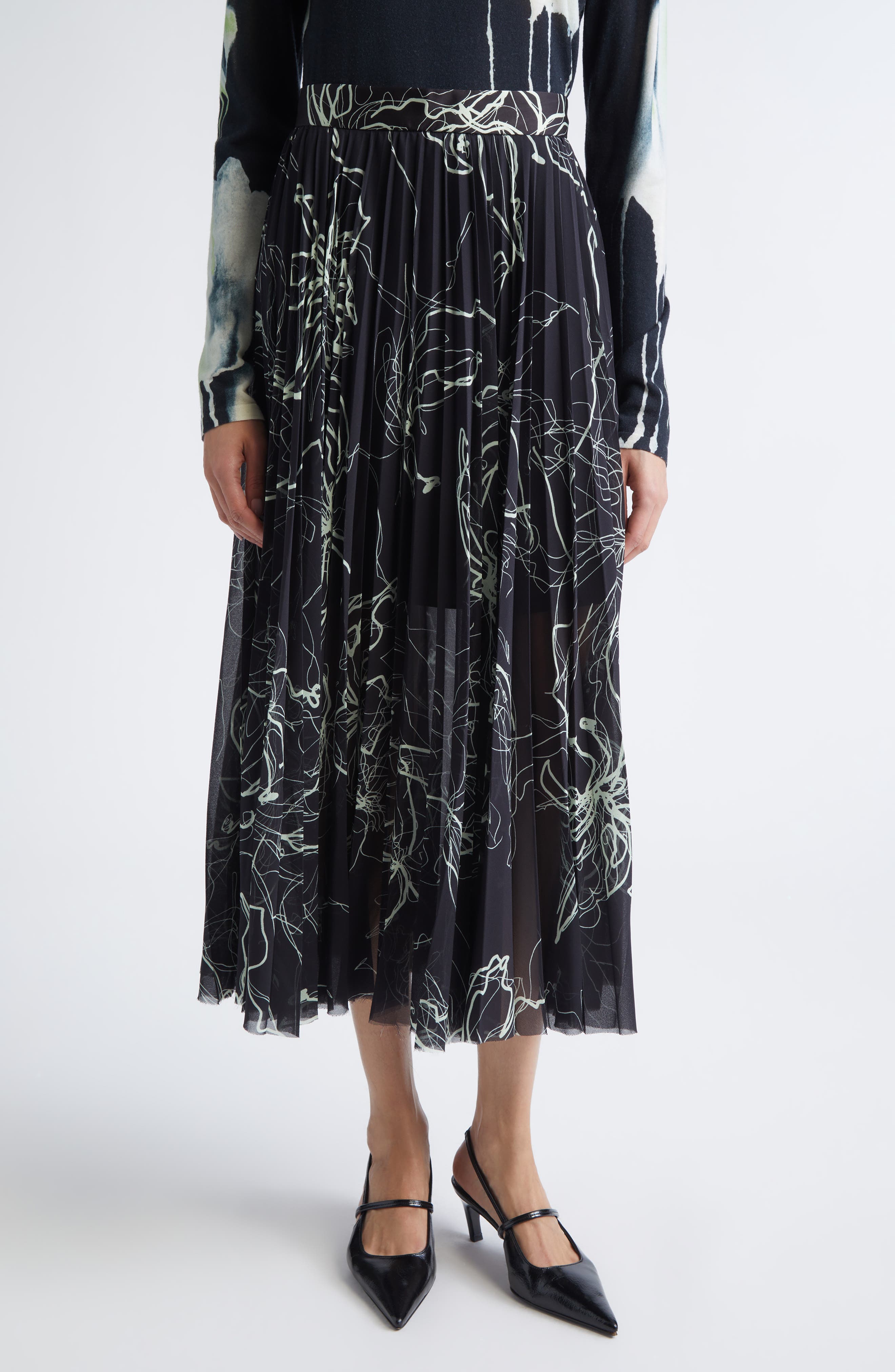 Pleated Scribble Floral Chiffon Midi Skirt