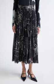 Jason Wu Collection Pleated Scribble Floral Chiffon Midi Skirt