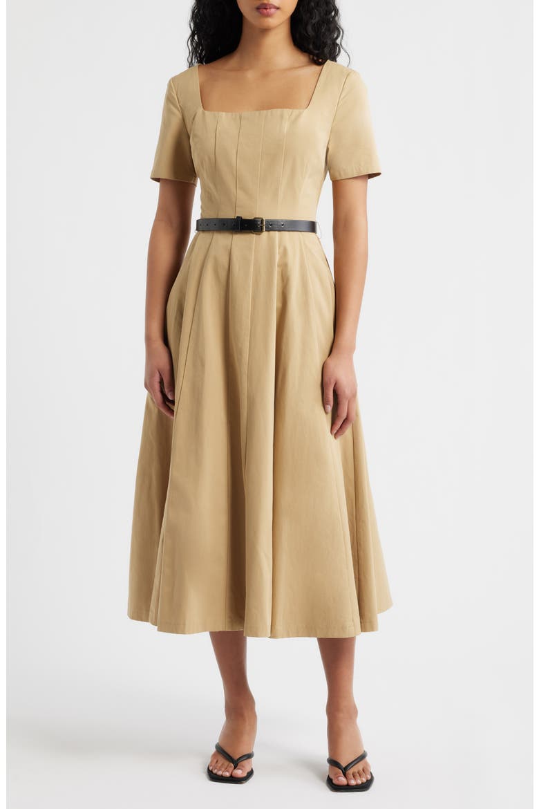 Belted Pleated Cotton Midi Dress, Main, color, BEIGE