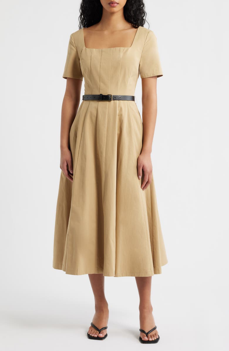 FREEMARKET Belted Pleated Cotton Midi Dress, Main, color, Beige