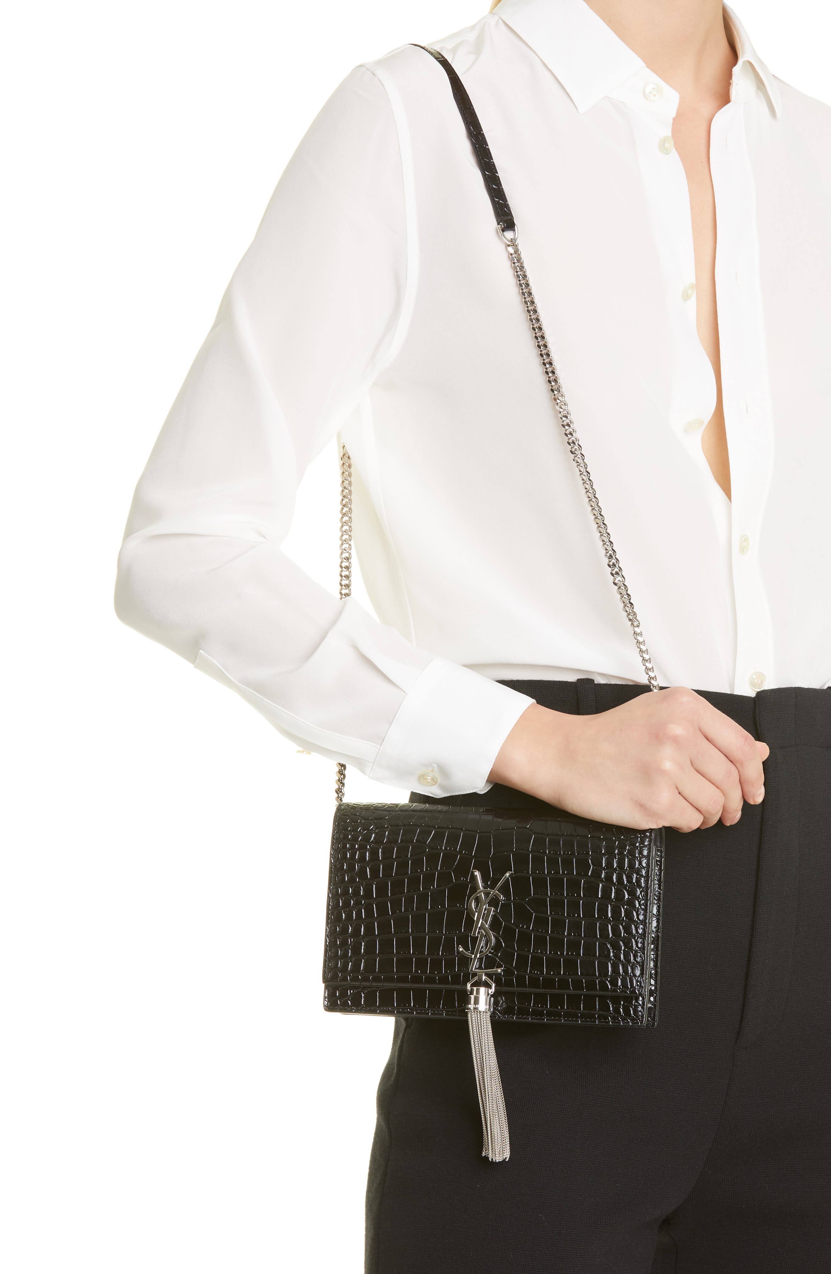 Kate Croc Embossed Leather Wallet on a Chain, Alternate, color, NERO
