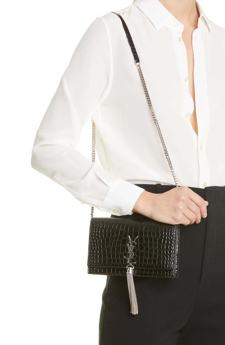 Saint Laurent Kate Croc Embossed Leather Wallet on a Chain, Alternate, color,