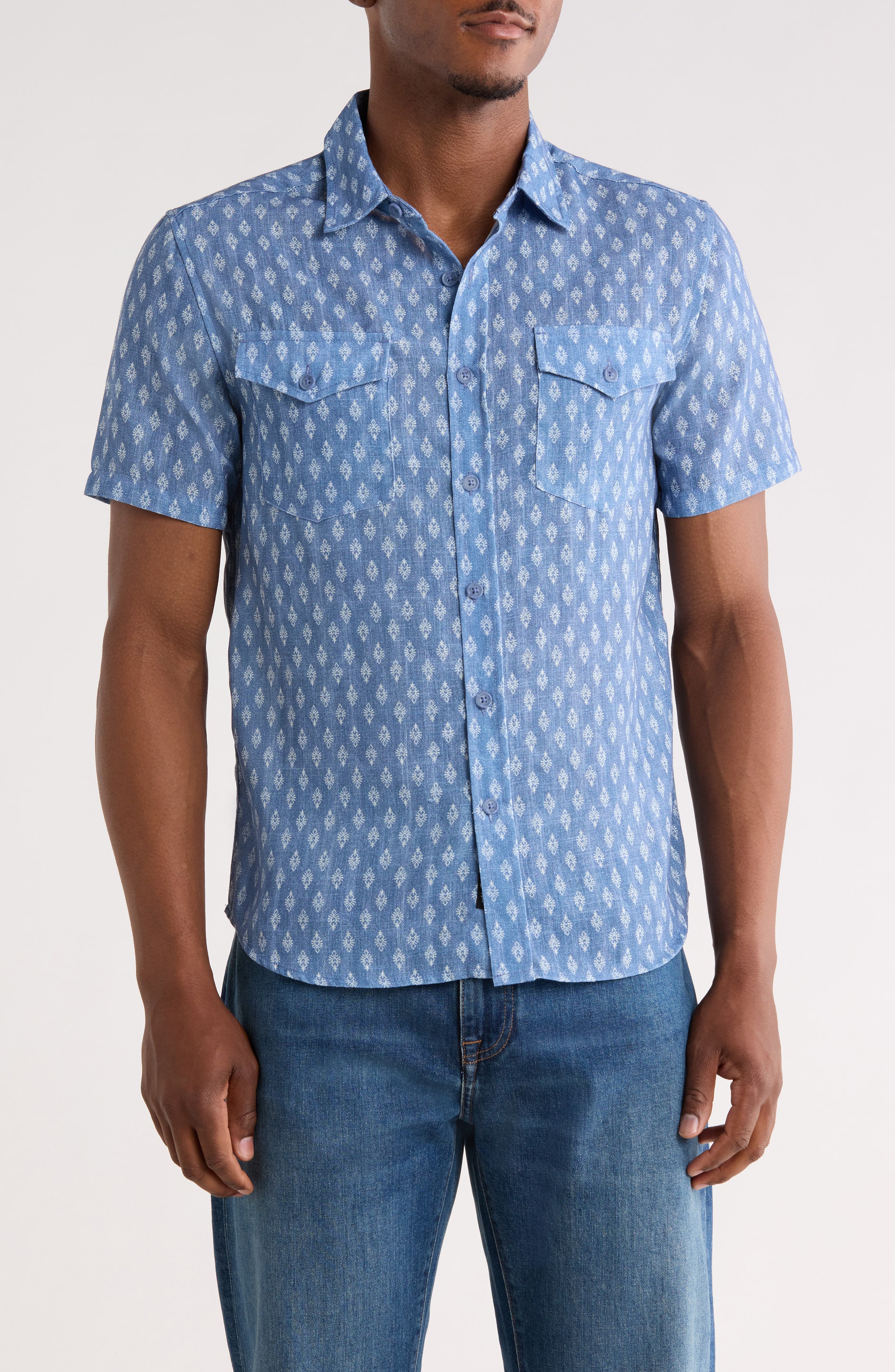 Geometric Print Short Sleeve Button-Up Shirt