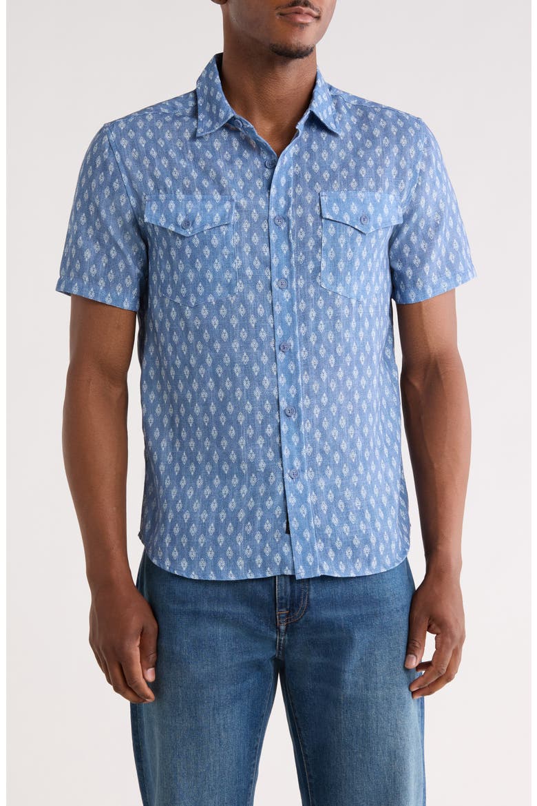 Geometric Print Short Sleeve Button-Up Shirt, Main, color, VINTAGE INDIGO