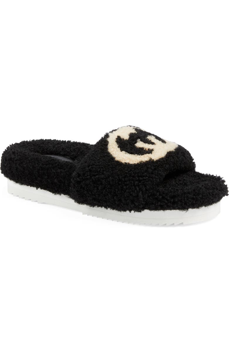 Gucci Eileen Logo Genuine Shearling Slide Sandal, Main, color,