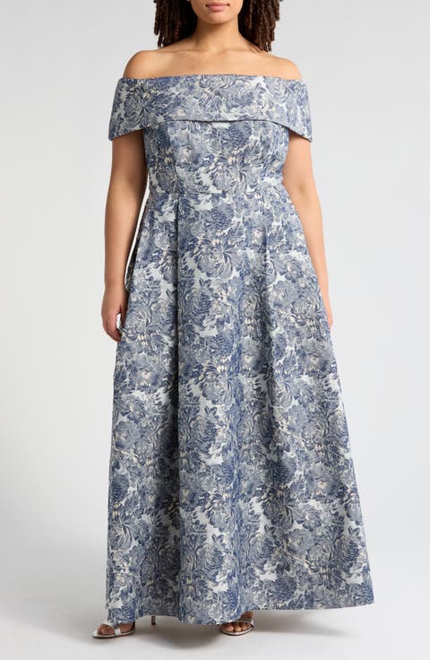 Metallic Floral Brocade Off the Shoulder Gown (Plus)