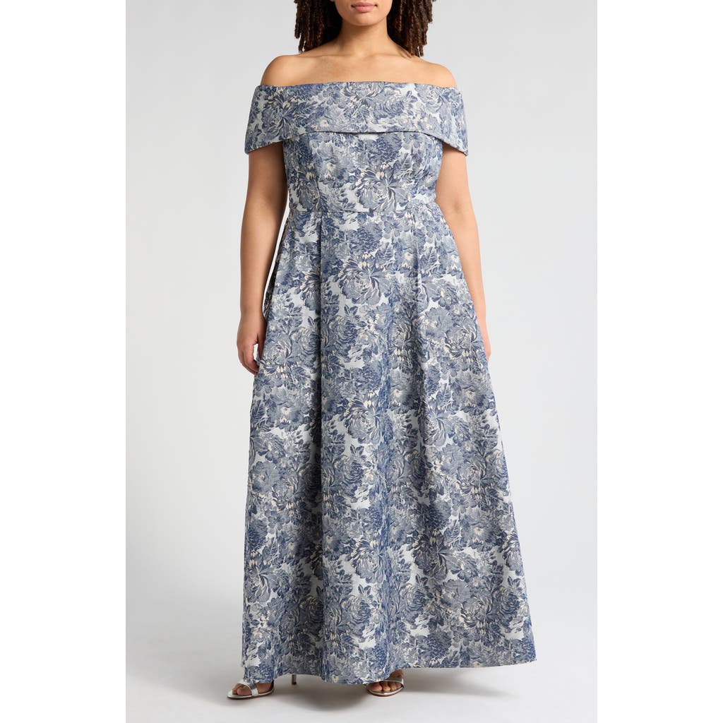 Alex Evenings Metallic Floral Brocade Off The Shoulder Gown In Silver Multi