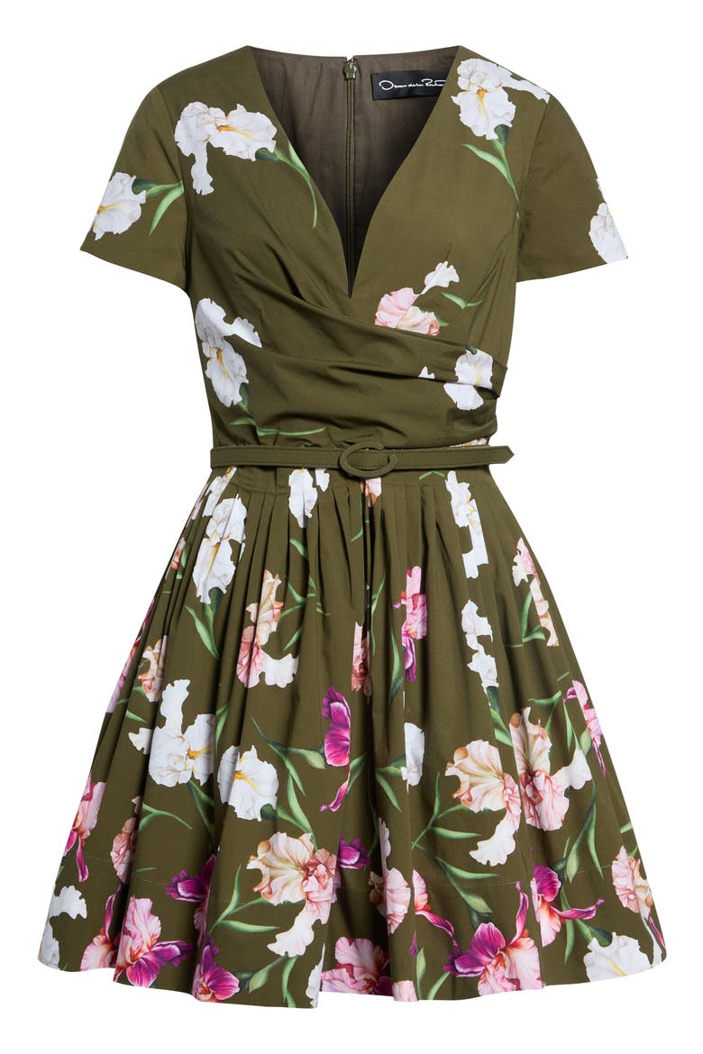 Belted Painted Iris Short Sleeve Fit and Flare Dress, Alternate, color, DARK MOSS MULTI