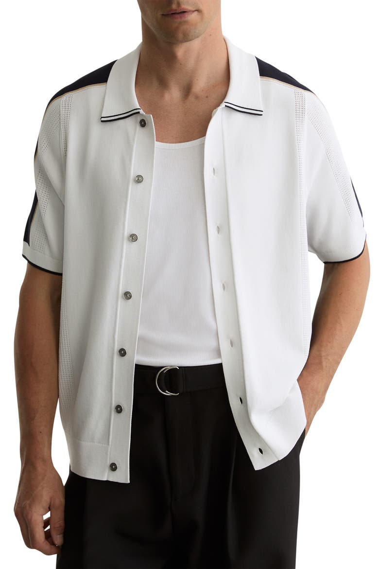 Farley Colorblock Short Sleeve Knit Button-Up Shirt, Main, color, NAVY/ WHITE