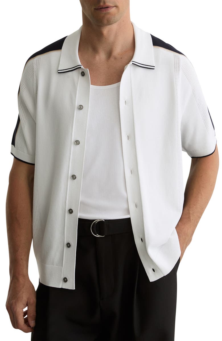 Reiss Farley Colorblock Short Sleeve Knit Button-Up Shirt, Main, color, Navy/ White