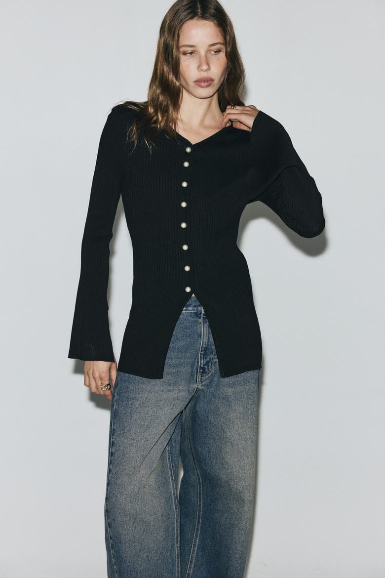 Rib-knit Cardigan, Alternate, color, Black