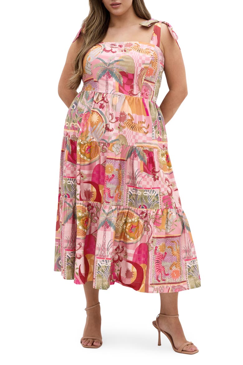 Ellessia Print Fit & Flare Midi Tie Shoulder Dress, Main, color, PINK DREAMSCAPE