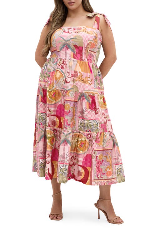 Ellessia Print Fit & Flare Midi Tie Shoulder Dress (Plus Size)