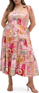 City Chic Ellessia Print Fit & Flare Midi Tie Shoulder Dress