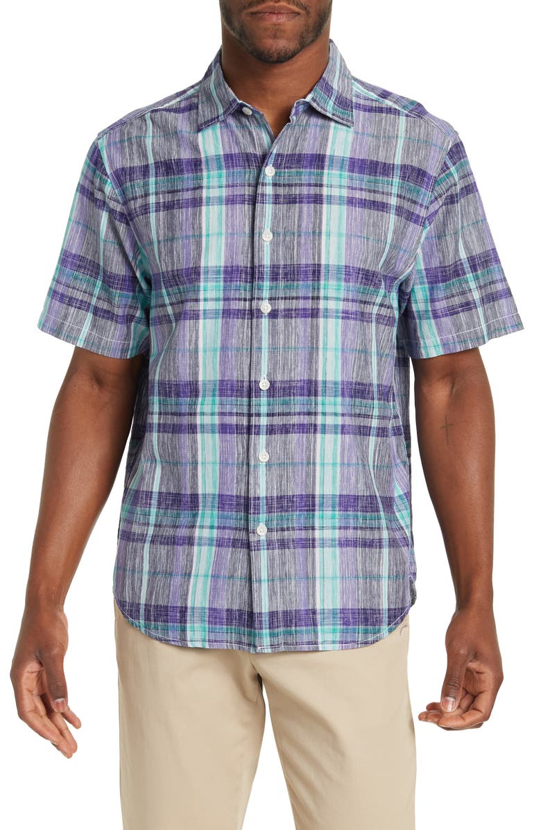 Tommy Bahama Samba Wave Plaid Print Short Sleeve Shirt, Main, color,